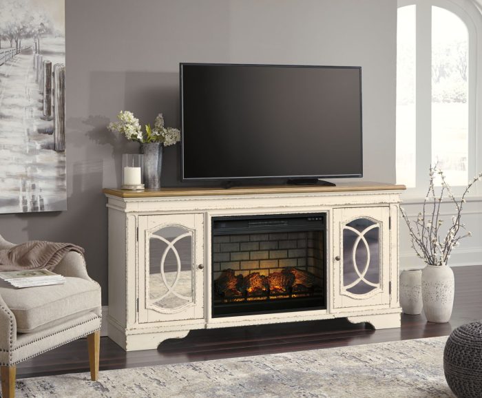Realyn - Chipped White - 2 Pc. - 74" TV Stand with Electric Infrared Fireplace Insert - Image 2
