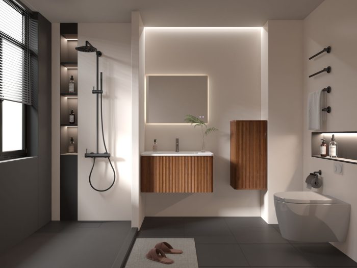 Striped Walnut Bathroom Floating Side Cabinet, Wall-Mounted Storage Cabinet For Small Spaces - Walnut - Image 4