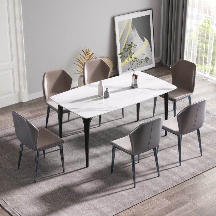 63" Modern Artificial Stone White Curved Black Metal Leg Dining Table, 6 People - White - Image 4