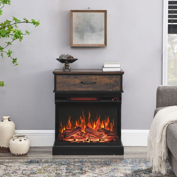 25" Stand Side Table With 3-Sided Glass Electric Fireplace - Antique Black - Image 2