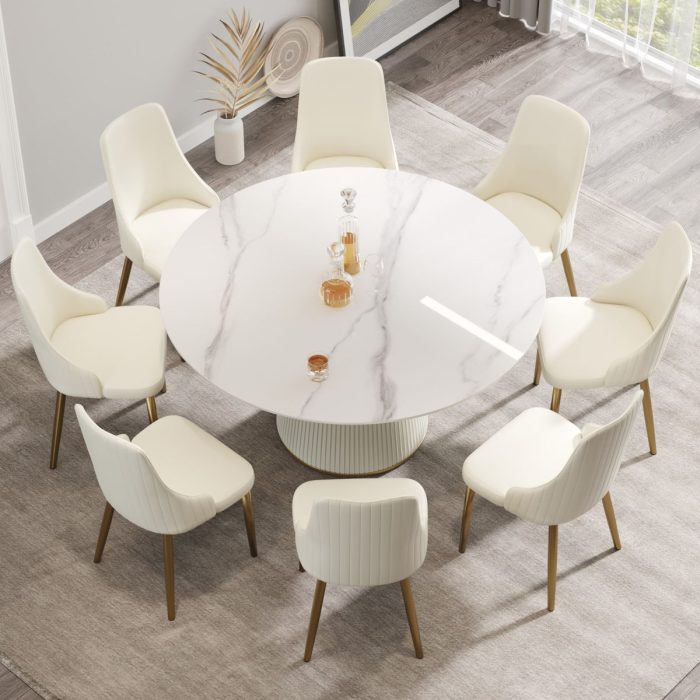 Modern Artificial Stone Round Plywood Base Dining Table, Can Accommodate 8 People, (Not Including Chairs) - White / Beige - Image 4