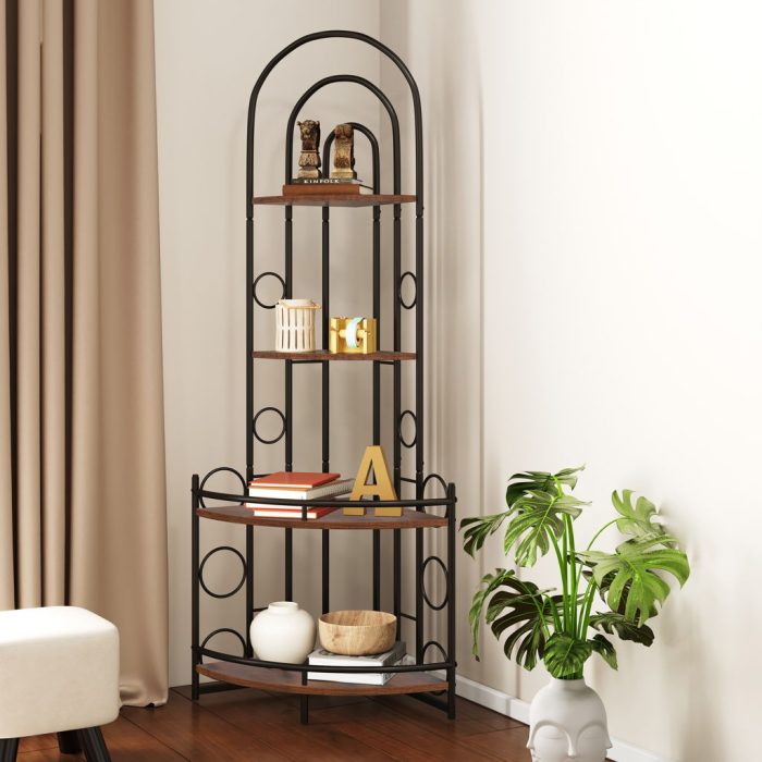 4 Tier Corner Bookshelf, Modern Style, Plant Stand With Metal Frame - Antique Brown / Black - Image 3