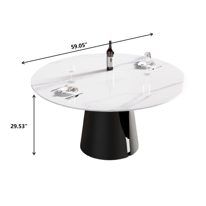 59.05" Modern Artificial Stone Round Carbon Steel Base Dining Table - White / Black - Image 2