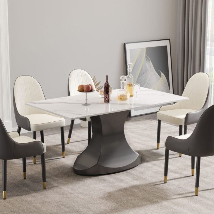 63" Modern Artificial Stone Panel Stainless Steel Curved Legs, Can Accommodate 6-8 People - White / Gray - Image 4