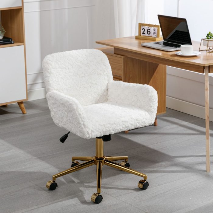 Office Chair, Artificial Rabbit Hair Home Office Chair With Golden Metal Base, Adjustable Desk Chair Swivel Office Chair, Vanity Chair - Image 4