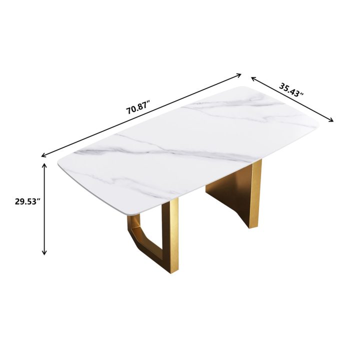 70.87" Modern Artificial Stone White Curved Metal Leg Dining Table - White / Gold - Image 2