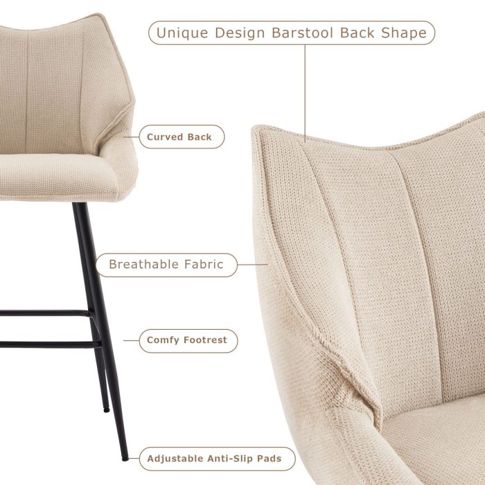 Modern Counter Height Bar Stools Chairs (Set of 2), Mid-Century Armless Upholstered Barstools For Kitchen Counter, Upholstered Counter Stools With Backs, Kitchen Island Stool - Beige - Image 4