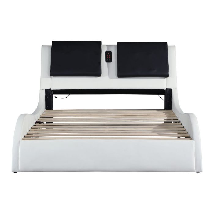 Upholstered Platform Bed Frame With LED Lighting, Bluetooth Connection To Play Music Control, Backrest Vibration Massage, Curve Design, Wood Slat Support, Exhibited Speakers - Image 8