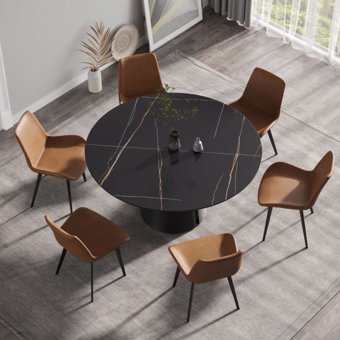 Modern Artificial Stone Round Carbon Steel Base Dining Table, Can Accommodate 6 People - Black / Gold - Image 4