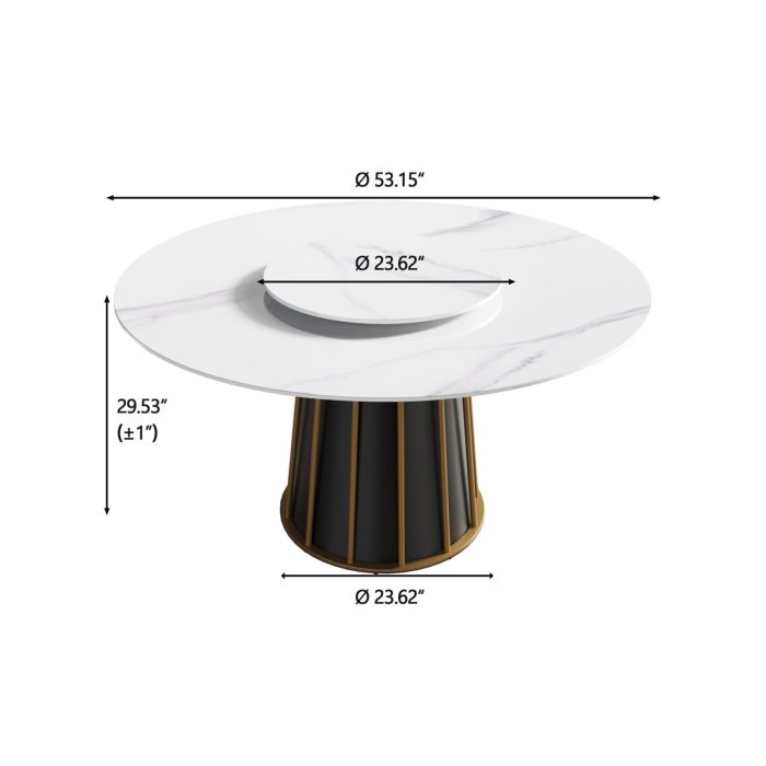 53.15" Modern Artificial Stone Round Panel Metal Iron Base Dining Table, Can Accommodate 6 People-23.62" Artificial Stone Turntable (Not Including Chairs) - White / Black - Image 2