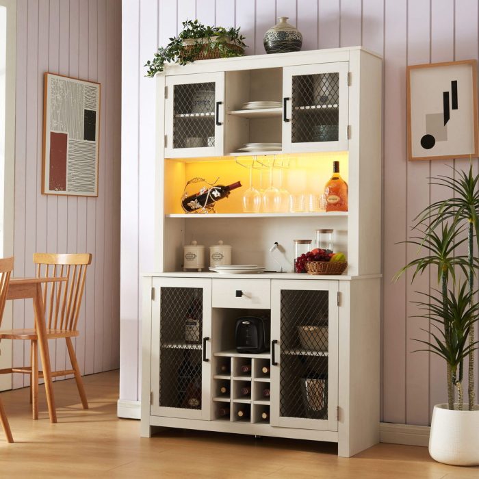 Kitchen Pantry Storage Cabinet Rustic Buffet Cabinet, Kitchen Hutch Cabinet With LED Outlets Food Pantry Cabinet With Doors And Shelves Wine Rack For Dining Room - Antique White - Image 4