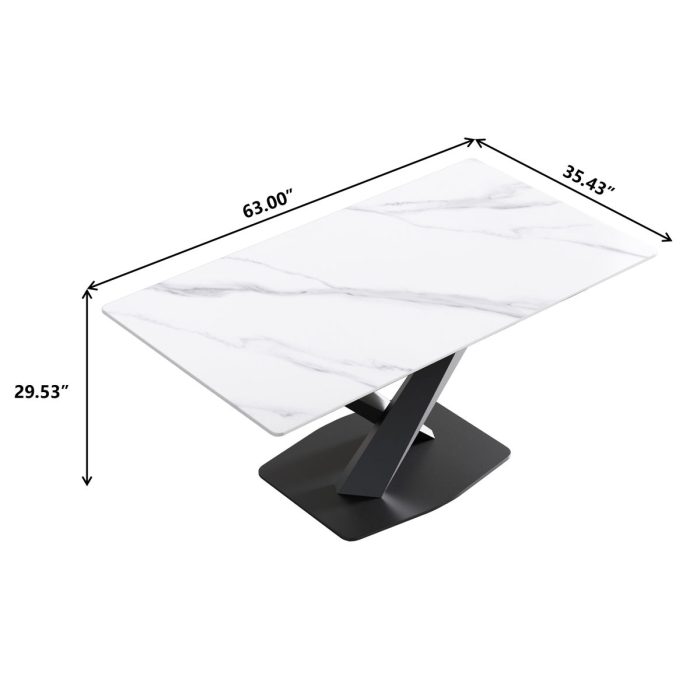 63" Modern Artificial Stone Straight Edge Metal X-Leg Dining Table, 6 People - White / Black - Image 2