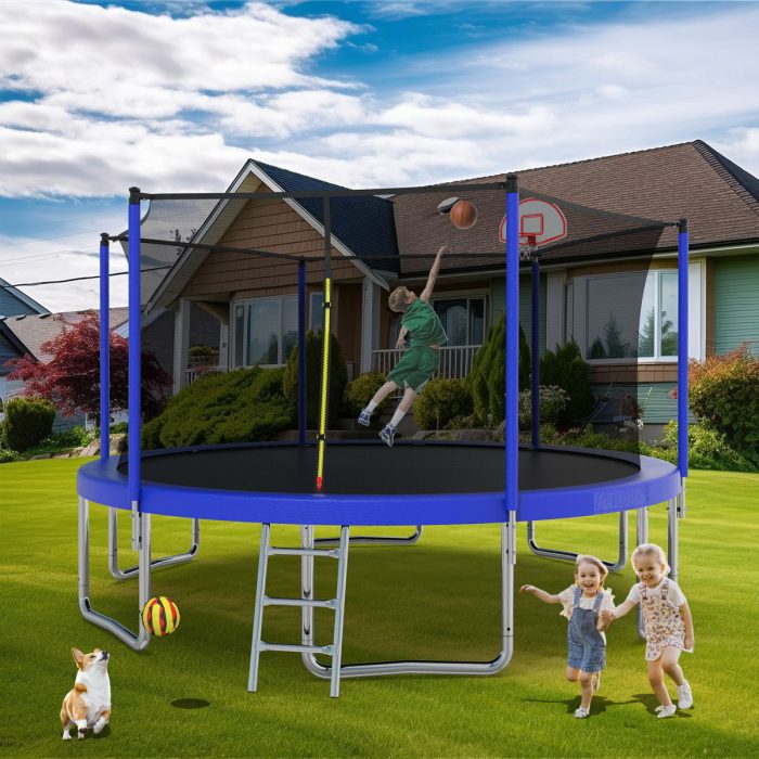 14Ft For Kids Children With Safety Enclosure Net Outdoor Backyards Large Recreational Trampoline - Blue - Image 4
