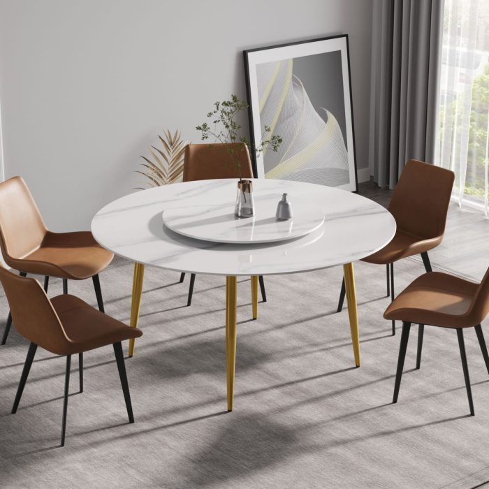 Modern Artificial Stone Round Dining Table, Can Accommodate 6 People Artificial Stone Turntable - White - Image 4