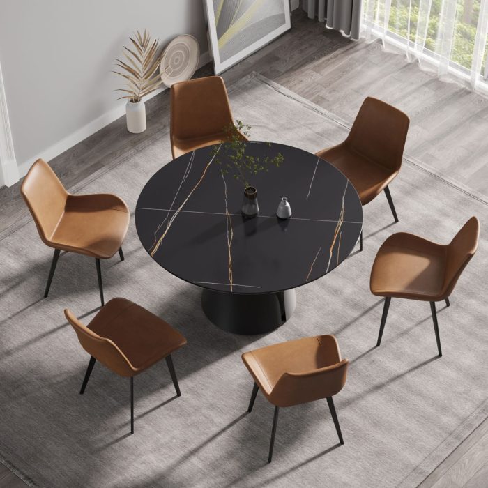 Round Modern Artificial Stone Carbon Steel Base Dining Table, Can Accommodate 6 People - Black - Image 3