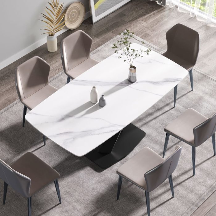 70.87" Modern Artificial Stone White Curved Black Metal Leg Dining Table, Can Accommodate 6-8 People - White / Black - Image 3