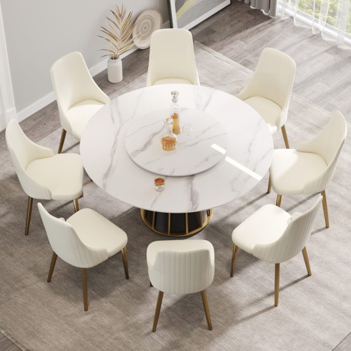 59.05" Modern Artificial Stone Round Panel Metal Iron Base Dining Table, Can Accommodate 8 People Artificial Stone Turntable (Not Including Chairs) - White / Black - Image 3