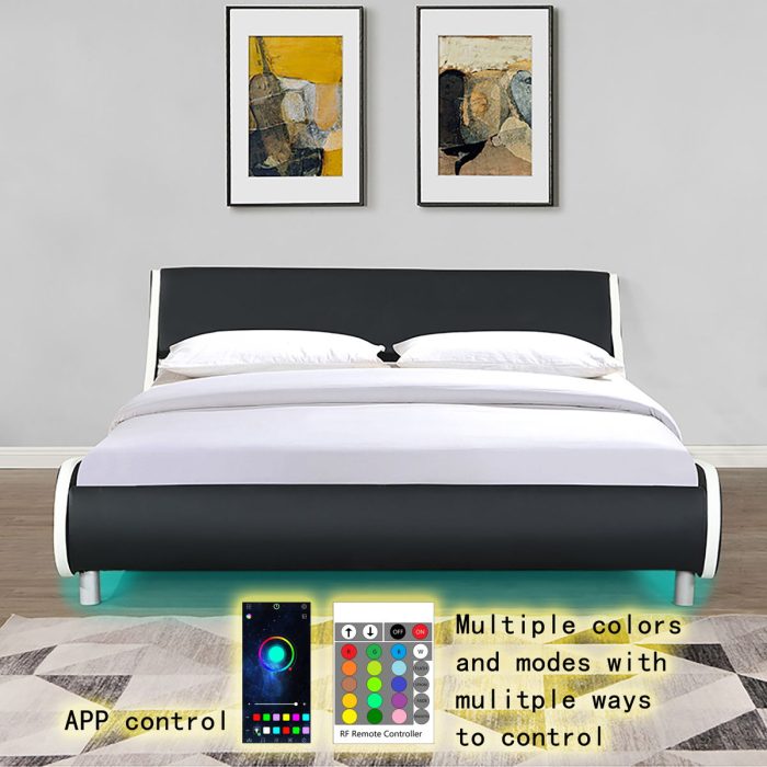 Queen Size Upholstered Platform Bed Frame, LED Lighting With Remote Controller And App, Curve Design, Wood Slat Support, No Box Spring Needed - Black / White - Image 4