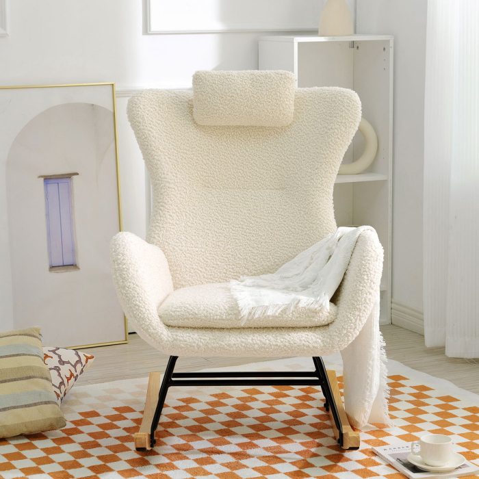 Rocking Chair Nursery, Teddy Upholstered Rocker Glider Chair With High Backrest, Adjustable Headrest & Pocket, Comfy Glider Chair For Nursery, Bedroom, Living Room, Offices, Rubber Wood - Image 4