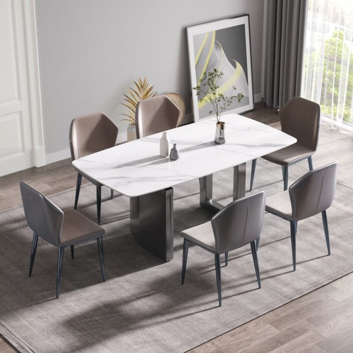 70.87" Modern Artificial Stone White Curved Black Metal Leg Dining Table - White / Black - Image 2
