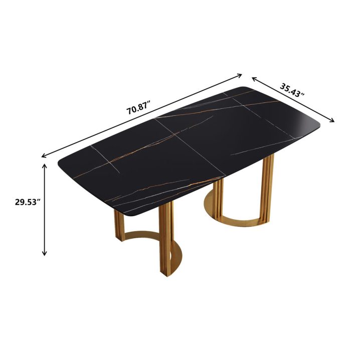 70.87" Modern Artificial Stone Black Curved Metal Leg Dining Table, Can Accommodate 6-8 People - Black / Gold - Image 3