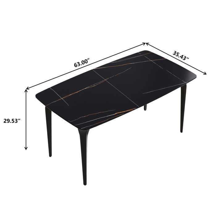 63" Artificial Stone Black Curved Black Metal Leg Dining Table, 6 People - Black - Image 2