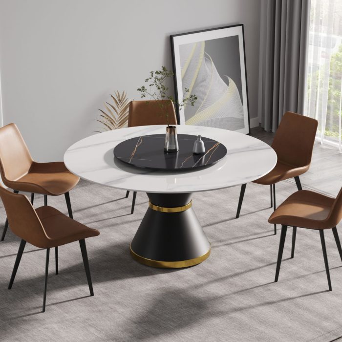 Modern Artificial Stone Round Carbon Steel Base Dining Table, Artificial Stone Turntable - Image 4