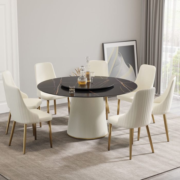 Modern Artificial Stone Round Plywood Base Dining Table, Can Accommodate 8 People Artificial Stone Turntable (Not Including Chairs) - Black / Beige - Image 2