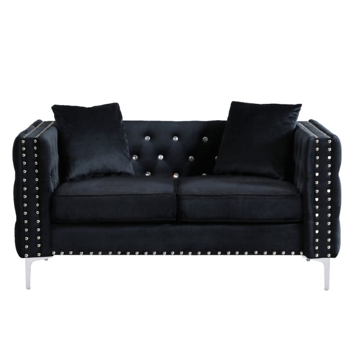 Wide Sofa With Jeweled Buttons Square Arm, 2 Pillows - Image 6