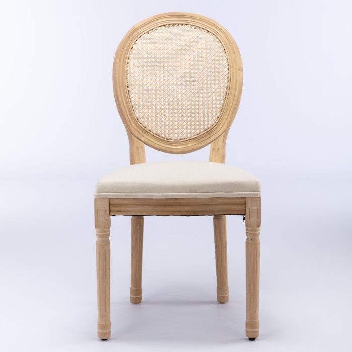 French Style Solid Wood Frame Antique Painting Linen Fabric Rattan Back Dining Chair (Set of 2) - Image 4