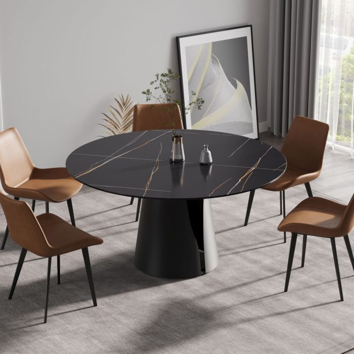 Modern Artificial Stone Round Carbon Steel Base Dining Table, Can Accommodate 6 People - Black / Gold - Image 2