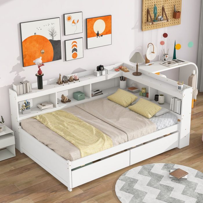 Full Bed With L-Shaped Bookcases, Drawers - Image 6