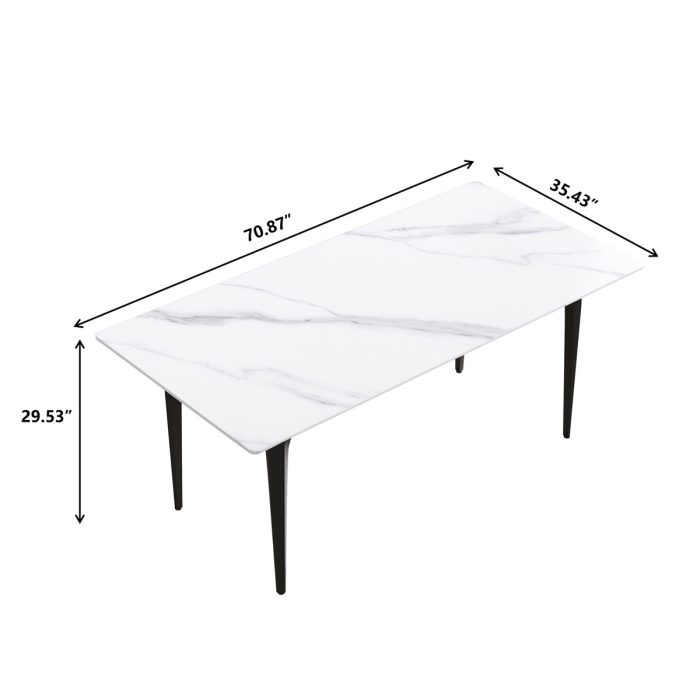 70.87" Modern Artificial Stone White Straight Edge Black Metal Leg Dining Table, Can Accommodate 6-8 People - White / Black - Image 2