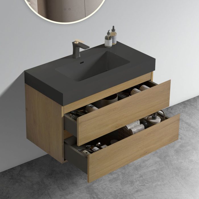 Alice - Natural Oak Bathroom Vanity With Sink, Large Storage Wall Mounted Floating Bathroom Vanity For Modern Bathroom, One-Piece Black Sink Basin Without Drain - Image 4