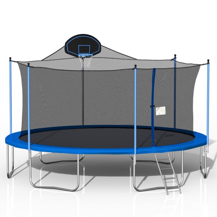 16Ft Trampoline For Adults & Kids With Basketball Hoop, Double-Sided Cover, Outdoor Trampolines With Ladder And Safety Enclosure Net For Kids And Adults - Blue - Image 4