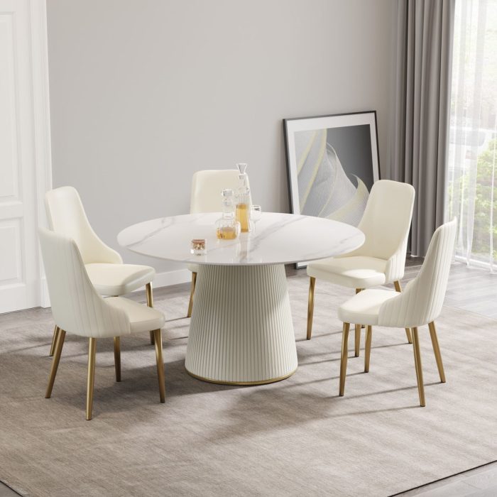 Modern Artificial Stone Round Plywood Base Dining Table, Can Accommodate 6 People, (Not Including Chairs) - White / Beige - Image 2