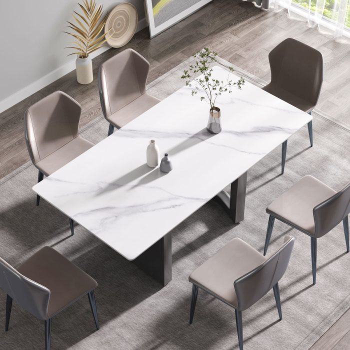 70.87" Modern Artificial Stone White Straight Edge Black Metal Leg Dining Table - White / Black - Image 3