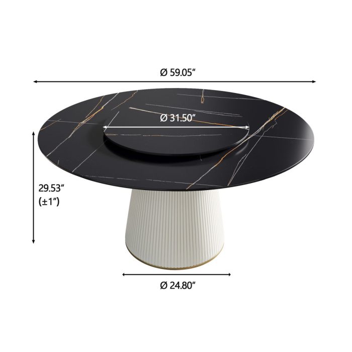 Modern Artificial Stone Round Plywood Base Dining Table, Can Accommodate 8 People Artificial Stone Turntable (Not Including Chairs) - Black / Beige - Image 4
