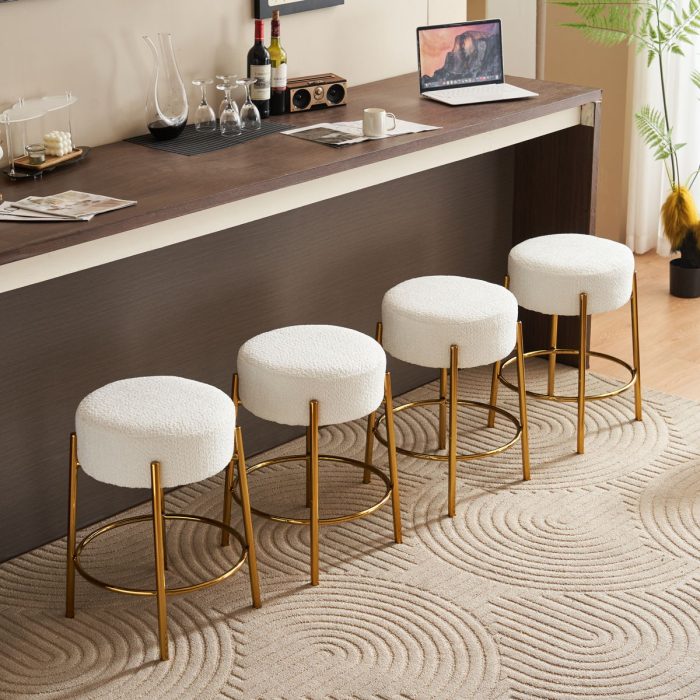 Round Bar Stools (Set of 2), Contemporary Upholstered Dining Stools For Kitchens, Coffee Shops And Bar Stores - Gold Legs - Image 6