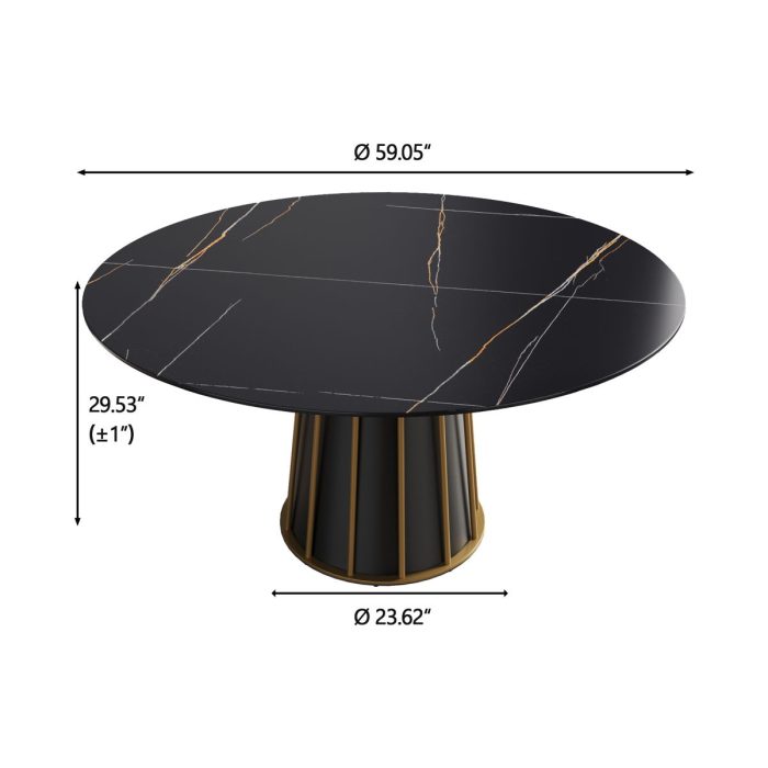 Modern Artificial Stone Round Metal Iron Base Dining Table, Can Accommodate 8 People, (Not Including Chairs) - Black - Image 3