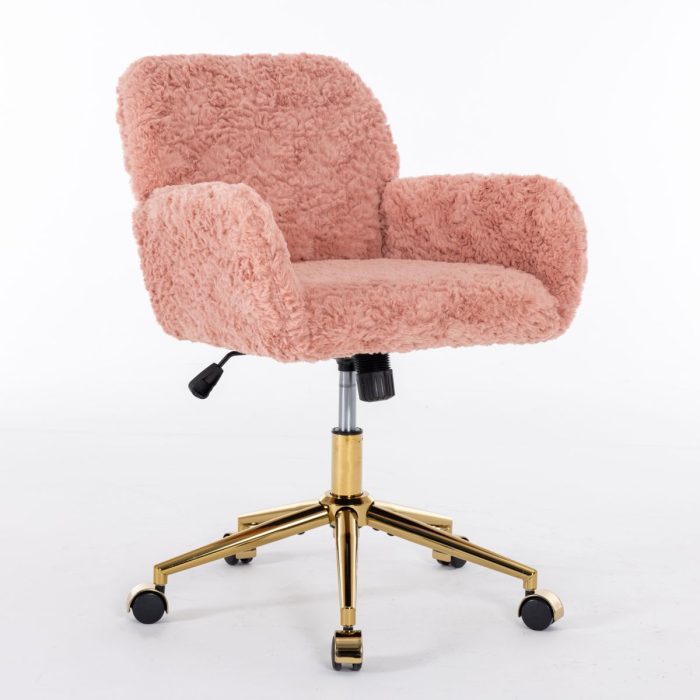 Office Chair, Artificial Rabbit Hair Home Office Chair With Golden Metal Base, Adjustable Desk Chair Swivel Office Chair, Vanity Chair - Image 9