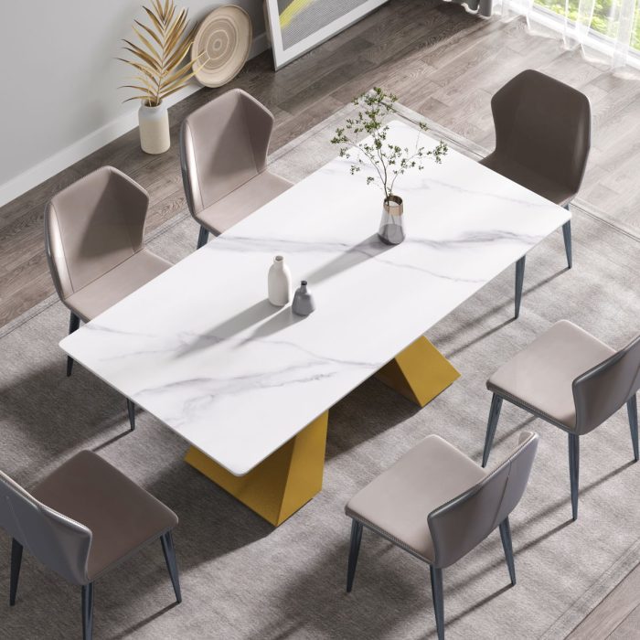 70.87" Modern Artificial Stone White Straight Edge Metal Leg Dining Table - White / Gold - Image 2