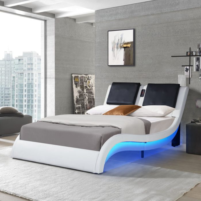 Upholstered Platform Bed Frame With LED Lighting, Bluetooth Connection To Play Music Control, Backrest Vibration Massage, Curve Design, Wood Slat Support, Exhibited Speakers - Image 2