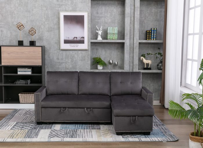Reversible Sectional Storage Sleeper Sofa Bed, L-Shape 2 Seat Sectional Chaise With Storage, Skin-Feeling Velvet Fabric - Image 6