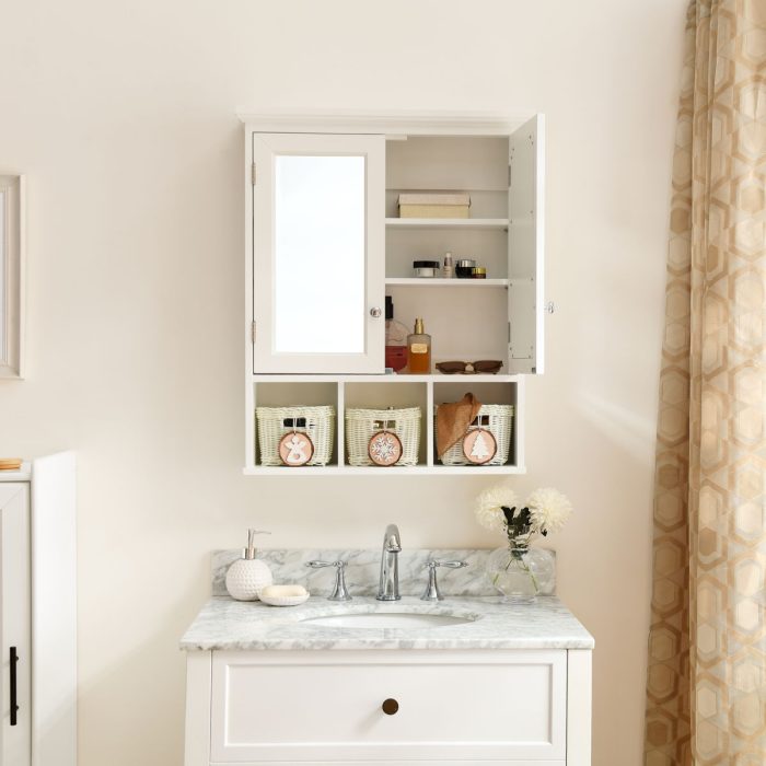 Bathroom Storage Cabinet, Medicine Cabinets For Bathroom With Mirror, 2 Doors 2 Adjustable Shelf & 3 Christmas Style Storage Basket - White - Image 4