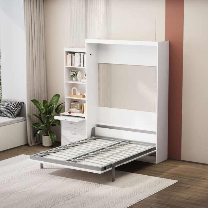 Morden Deisgn Vertical Murphy Bed With Shelf And Drawers For Bedroom Or Guestroom Wall Bed Space Saving Hidden Bed With New Style Gas Struts - Image 3