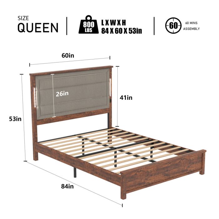 Queen Size Bed Frame With Upholstered Headboard, Queen Bed Frame With Charging Station And LED Lights, Wood Slats, No Box Spring Needed - Gray / Dark Brown - Image 4