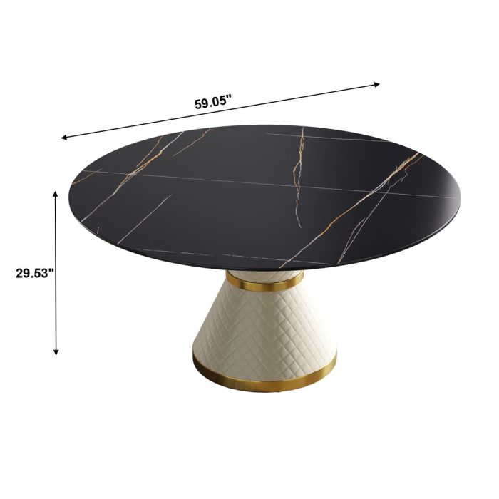 59.05" Modern Artificial Stone Round Carbon Steel Base Dining Table, Can Accommodate 6 People - Black / White - Image 2