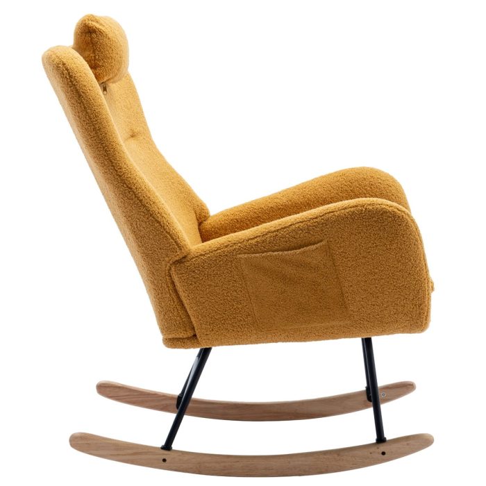 35.5" Rocking Chair With Pocket, Soft Teddy Fabric Rocking Chair For Nursery, Comfy Wingback Glider Rocker With Safe Solid Wood Base For Living Room Bedroom Balcony - Turmeric - Image 3