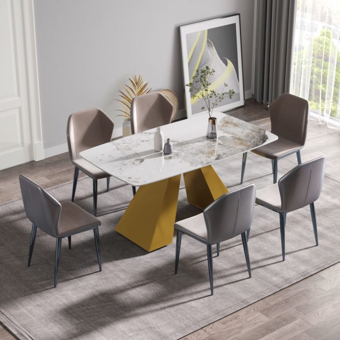 63" Modern Artificial Stone Pandora White Curved Metal Leg Dining Table, 6 People - Antique White / Gold - Image 3